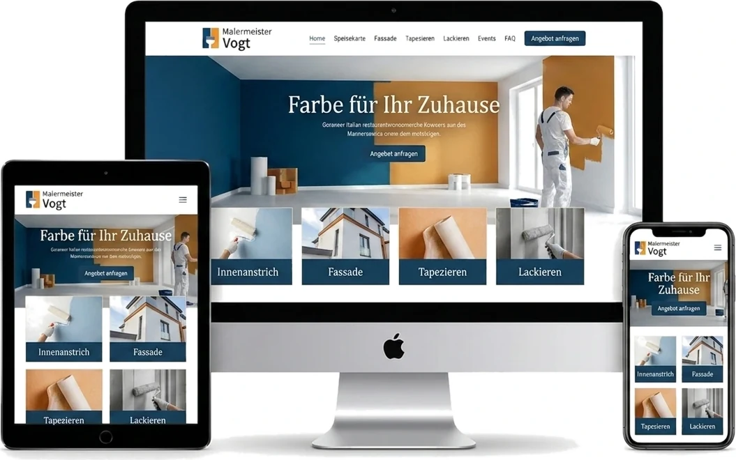 Beispiel einer modernen Handwerker-Webseite auf Laptop, Tablet und Smartphone