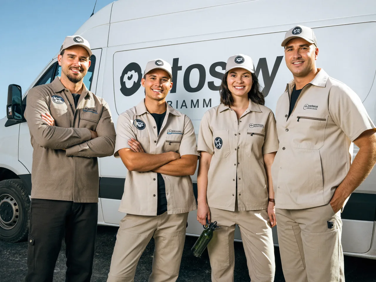 Handwerker-Team vor dem Firmenfahrzeug