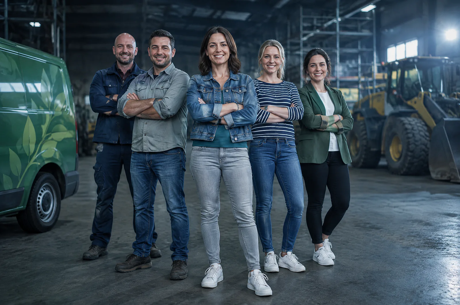 Fünf Mitarbeitende eines Handwerksbetriebs stehen mit verschränkten Armen vor dem Firmenwagen in der Werkstatt
