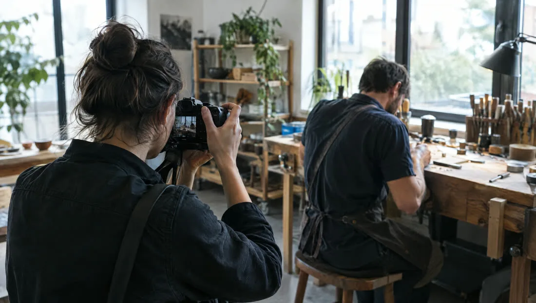 Fotografin und Handwerker in der Werkstatt